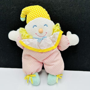 Vintage Eden Clown Plush Baby Rattle Pink White Polka Dot Doll 8” Yellow Hat